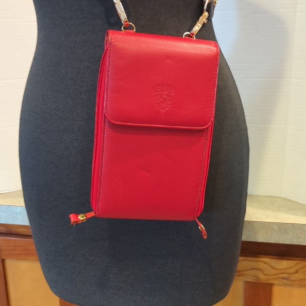 Vibrant Red Structured Crossbody Bag with Adjustable Multi Color Strap. Leather